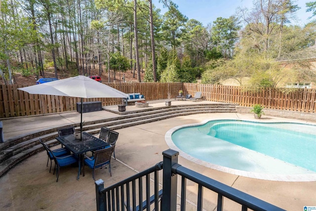 view of swimming pool with a patio, a fenced backyard, and a fenced in pool