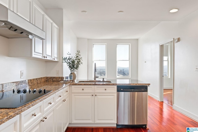 kitchen with under cabinet range hood, dishwasher, a peninsula, black electric cooktop, and a sink