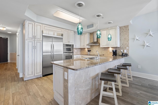 kitchen with light wood-style flooring, a sink, stainless steel appliances, a peninsula, and wall chimney range hood