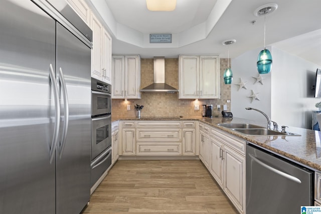 kitchen featuring light wood-style flooring, a sink, tasteful backsplash, stainless steel appliances, and wall chimney exhaust hood