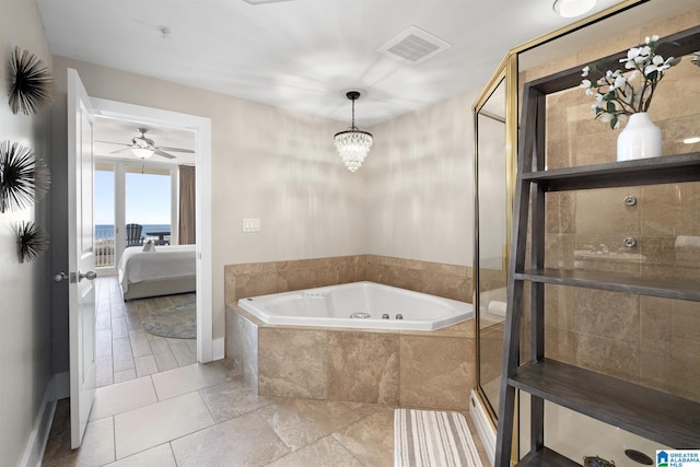 full bathroom featuring visible vents, a garden tub, a tile shower, ensuite bathroom, and a ceiling fan