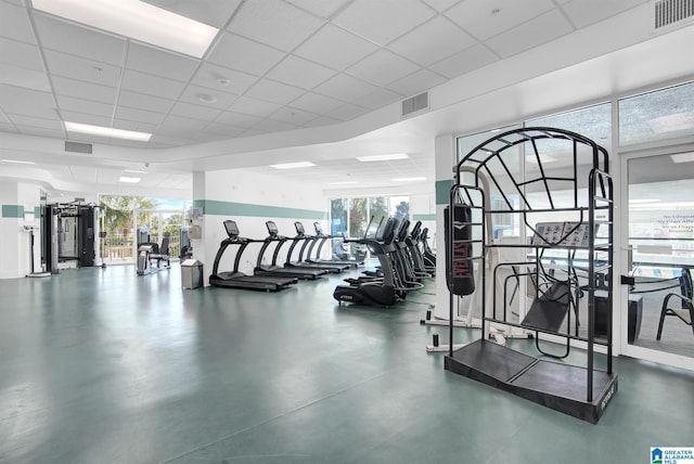 gym with a wealth of natural light, visible vents, and a drop ceiling