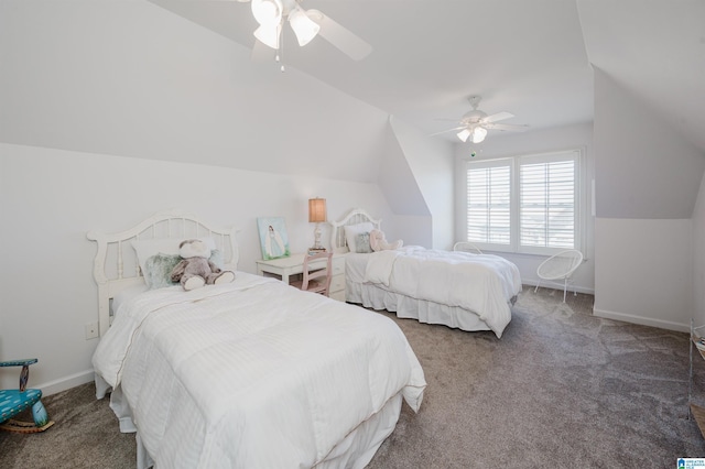 bedroom with lofted ceiling, carpet flooring, and baseboards