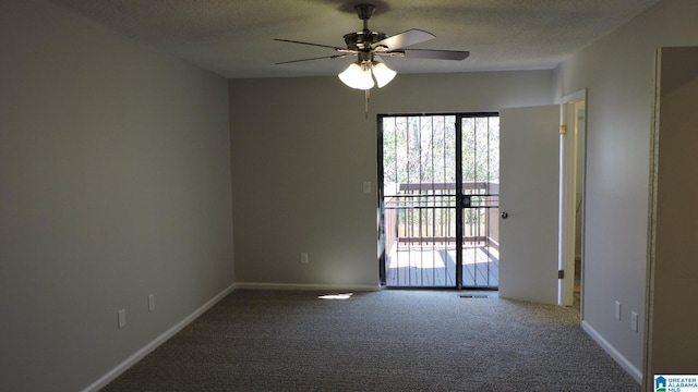 empty room with baseboards, carpet flooring, a textured ceiling, and a ceiling fan