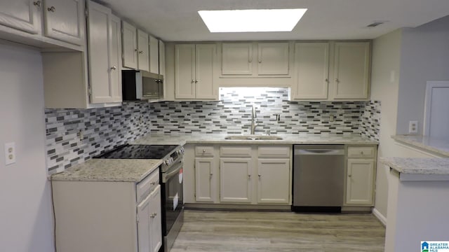 kitchen featuring visible vents, a sink, stainless steel appliances, light wood-style floors, and backsplash