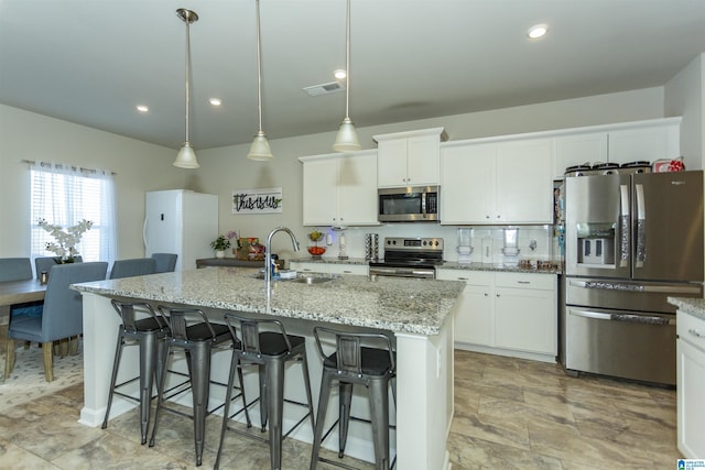 kitchen featuring a sink, visible vents, white cabinetry, and stainless steel appliances