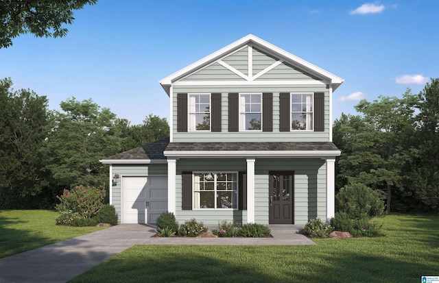 view of front of house featuring a front lawn, an attached garage, driveway, and a shingled roof