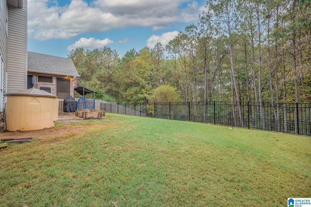 view of yard featuring an outbuilding, a storage unit, and a fenced backyard