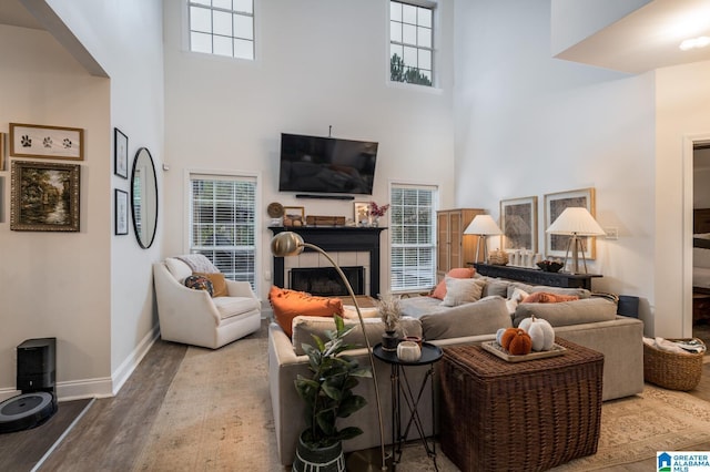 living room with wood finished floors, a fireplace, baseboards, and a towering ceiling