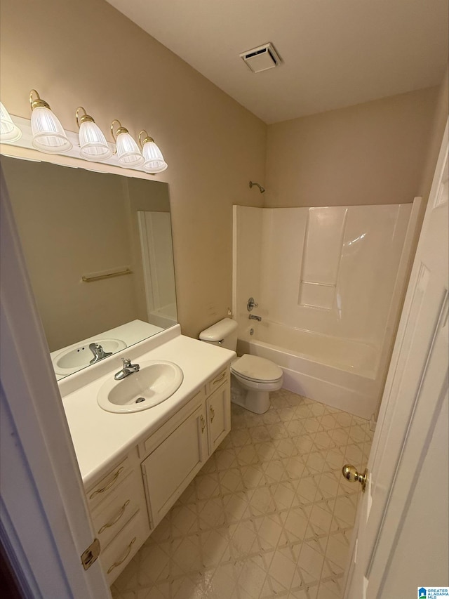 full bath with visible vents, toilet, bathtub / shower combination, tile patterned floors, and vanity