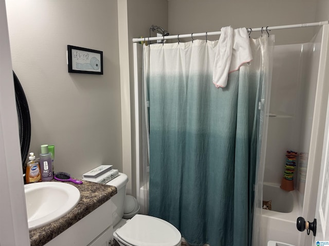 bathroom with toilet, vanity, and shower / bath combination with curtain