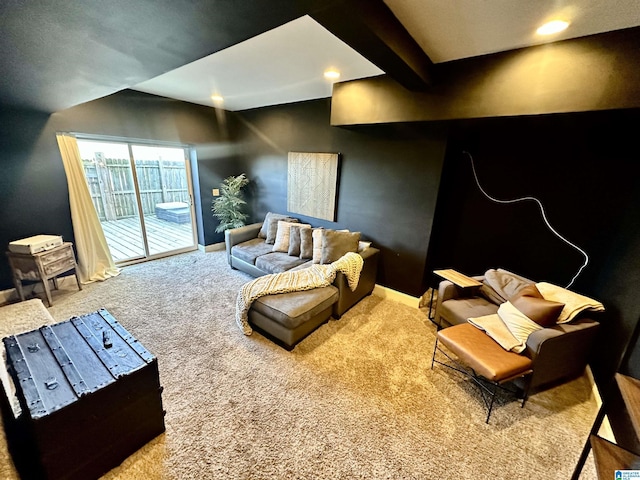 living room with beam ceiling, carpet flooring, recessed lighting, and baseboards