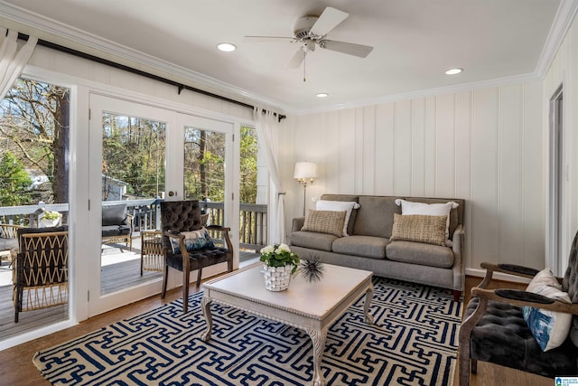 living room featuring ornamental molding, wood finished floors, recessed lighting, french doors, and ceiling fan