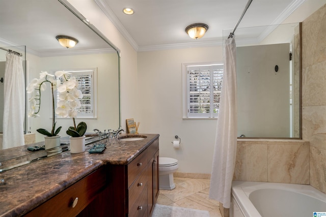 bathroom featuring vanity, baseboards, crown molding, toilet, and a washtub