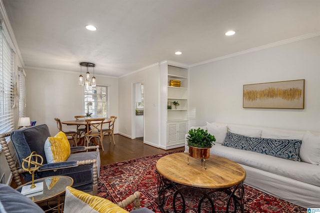 living room featuring recessed lighting, baseboards, ornamental molding, and dark wood-style flooring