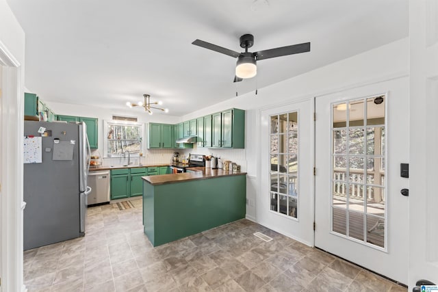 kitchen with a peninsula, a sink, stainless steel appliances, under cabinet range hood, and green cabinets