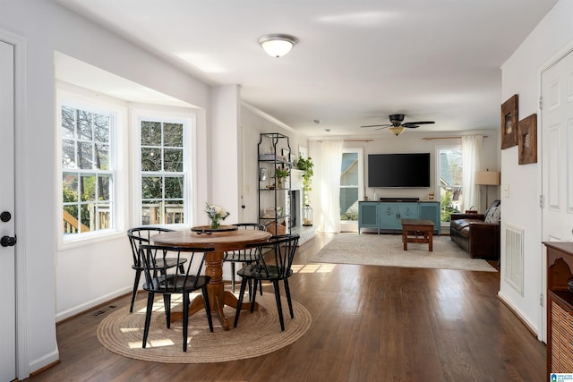 dining room with ceiling fan, wood finished floors, visible vents, and baseboards