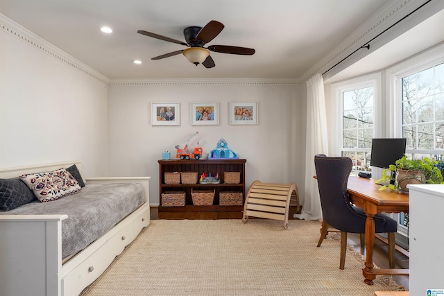 bedroom with recessed lighting, ornamental molding, and a ceiling fan