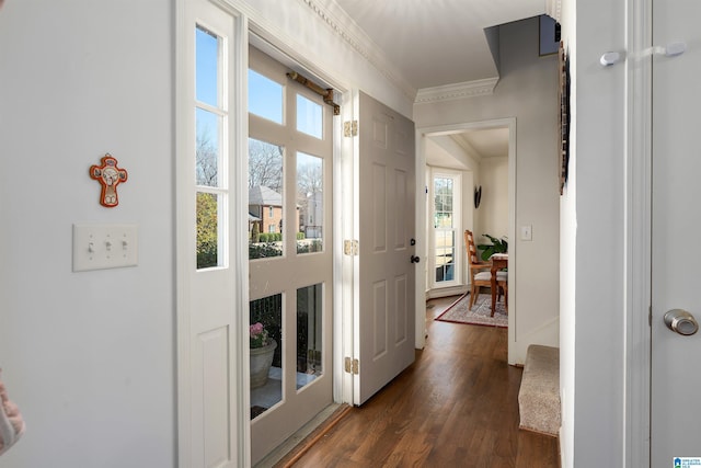 hallway with dark wood-type flooring and ornamental molding