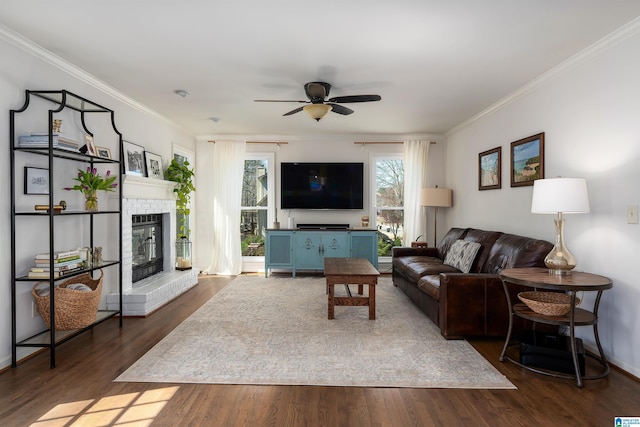 living room with a ceiling fan, a fireplace, dark wood-style flooring, and crown molding