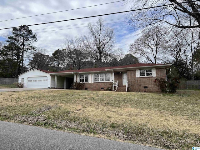 single story home featuring brick siding, a front lawn, fence, crawl space, and driveway