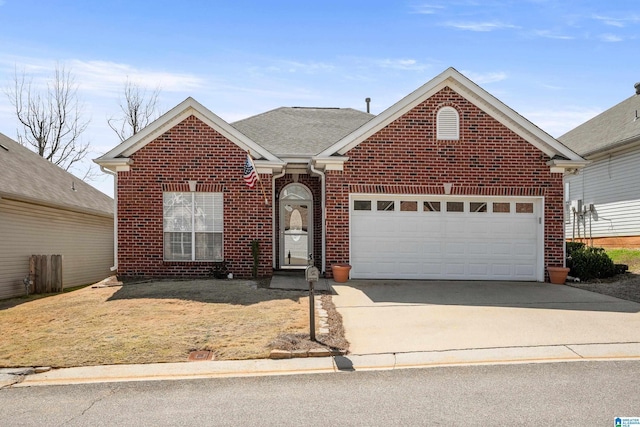 view of front of house featuring concrete driveway, brick siding, a garage, and a shingled roof