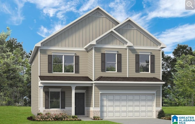 craftsman-style house with a front yard, an attached garage, a shingled roof, concrete driveway, and board and batten siding