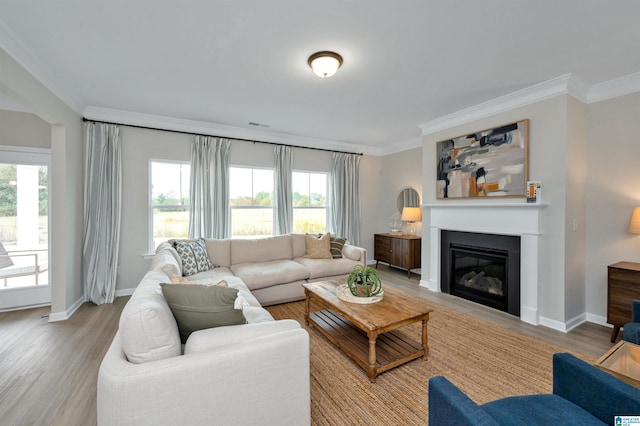 living room with light wood-type flooring, baseboards, a glass covered fireplace, and crown molding