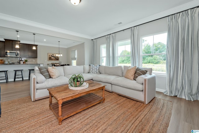 living area with crown molding, visible vents, and light wood finished floors