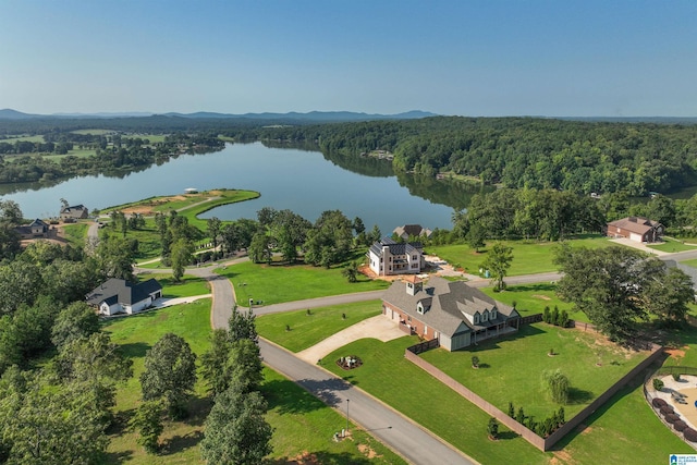 birds eye view of property with a water view and a view of trees