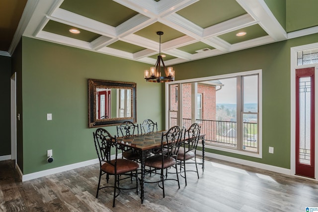 dining area with wood finished floors, baseboards, coffered ceiling, and a chandelier