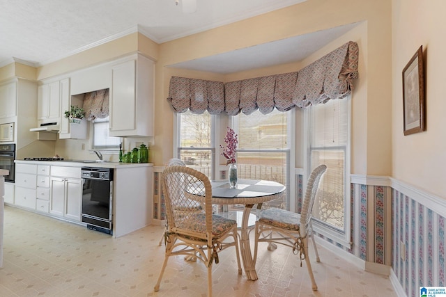 dining room featuring a wainscoted wall, light floors, and ornamental molding