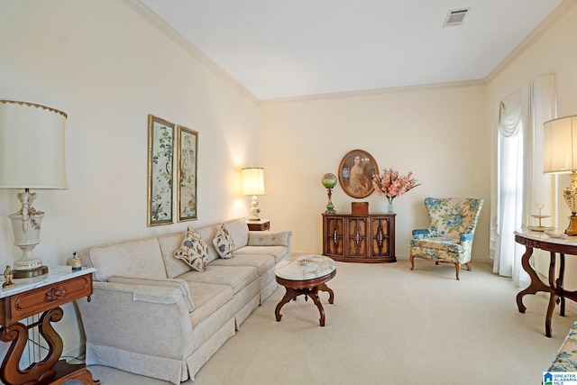 living area with visible vents, carpet flooring, and ornamental molding