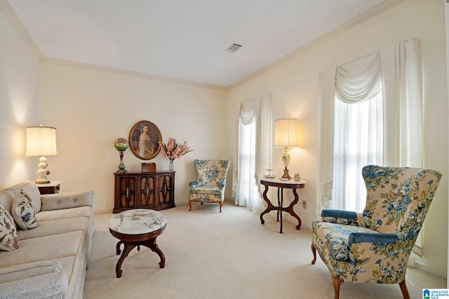 living room with crown molding, visible vents, and carpet floors