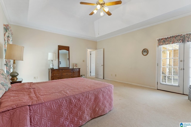 bedroom with baseboards, light colored carpet, ornamental molding, a ceiling fan, and access to outside