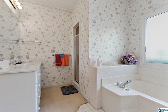 bathroom with baseboards, a shower stall, wallpapered walls, and a garden tub