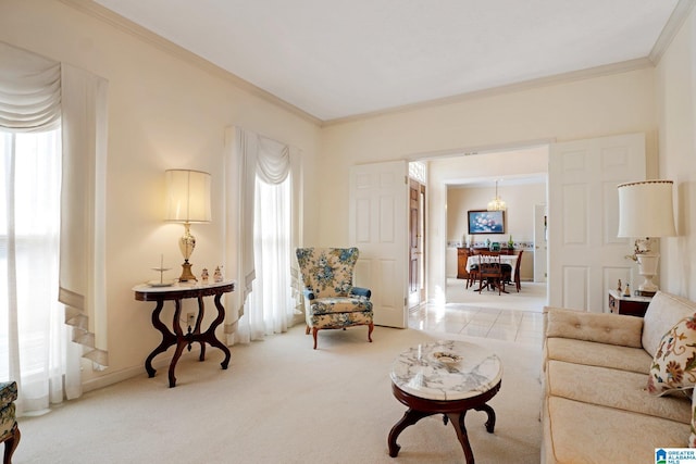 living room featuring carpet floors and crown molding