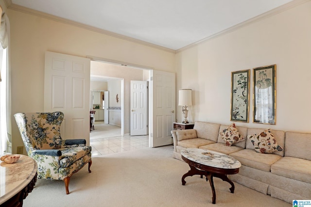 living area featuring light tile patterned floors, light colored carpet, and ornamental molding