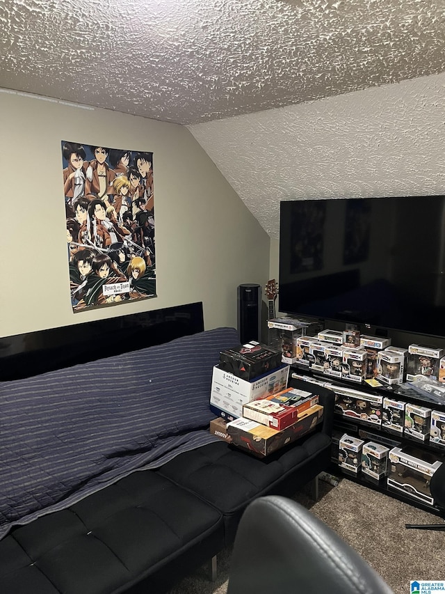 bedroom with lofted ceiling and a textured ceiling