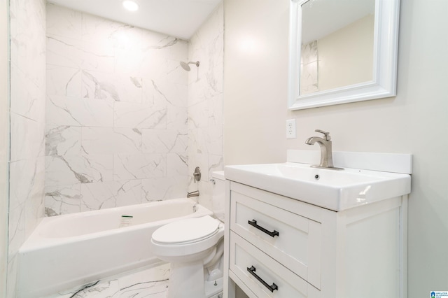 bathroom with tub / shower combination, toilet, marble finish floor, and vanity