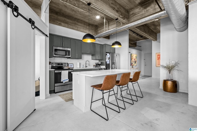 kitchen featuring a sink, stainless steel appliances, a towering ceiling, a kitchen bar, and a barn door
