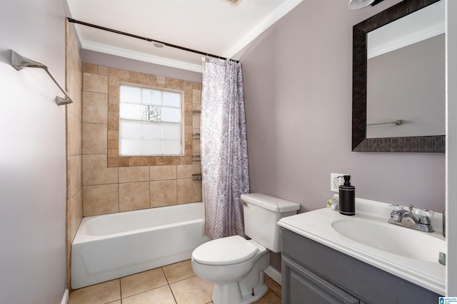 bathroom with vanity, tile patterned flooring, shower / bath combo with shower curtain, crown molding, and toilet