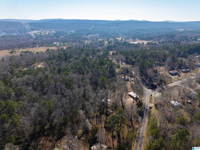 birds eye view of property with a mountain view and a wooded view