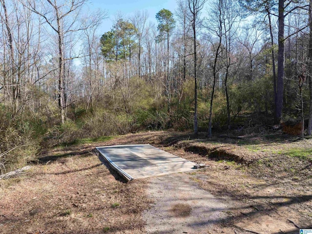 entry to storm shelter featuring a forest view