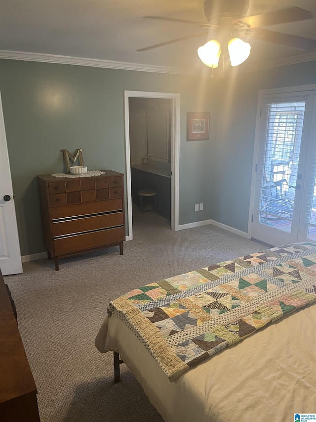 bedroom featuring a ceiling fan, baseboards, carpet, and crown molding