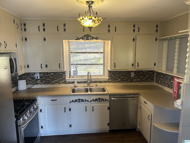 kitchen featuring a sink, open shelves, tasteful backsplash, stainless steel appliances, and light countertops