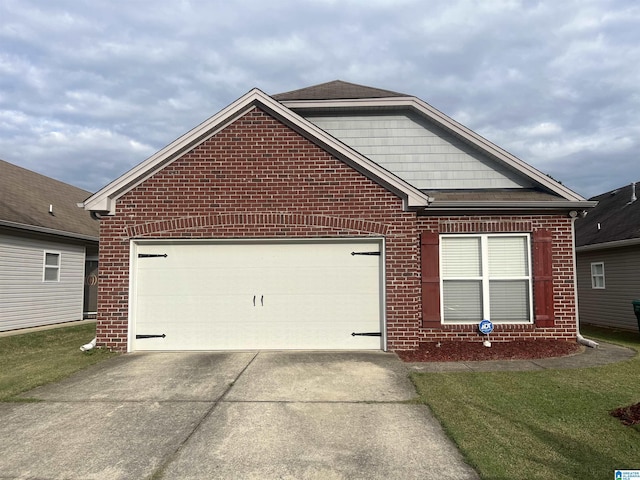 view of front of property featuring concrete driveway, a garage, brick siding, and roof with shingles