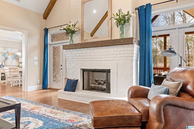 living area featuring baseboards, high vaulted ceiling, wood finished floors, and a fireplace