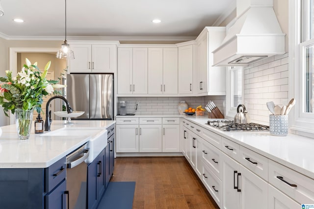 kitchen featuring dark wood-style floors, stainless steel appliances, custom exhaust hood, white cabinetry, and blue cabinets