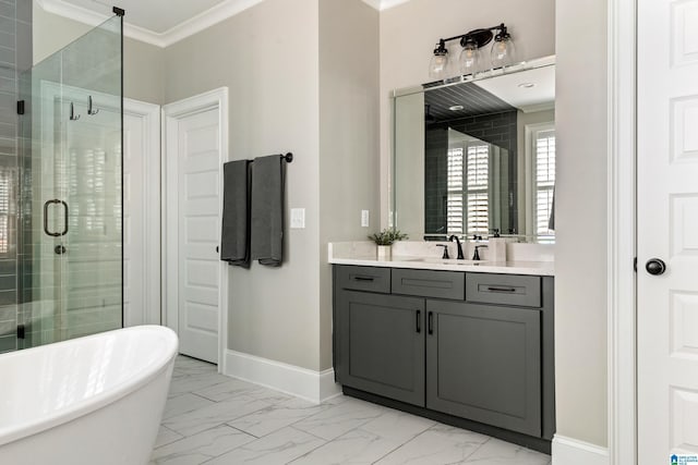 bathroom with marble finish floor, ornamental molding, a shower stall, baseboards, and a freestanding bath